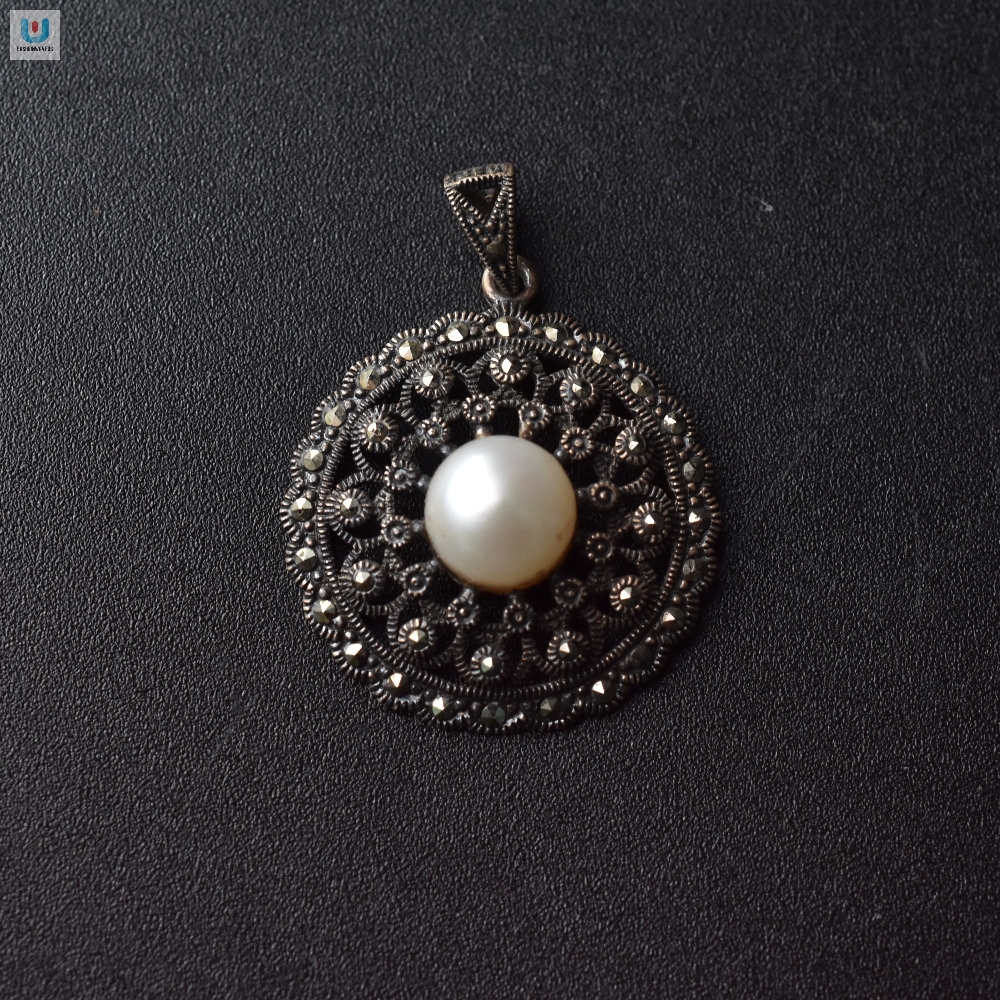 Pearl In Marcasite 925 Sterling Silver Pendant  Tibetan Jewelry  Baga Ethnik Living  Tgv
