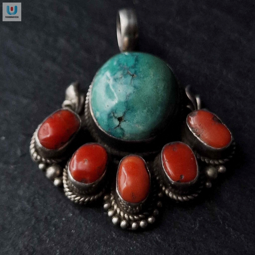 Gorgeous Turquoise And Coral Silver Sterling Pendant  Tgv