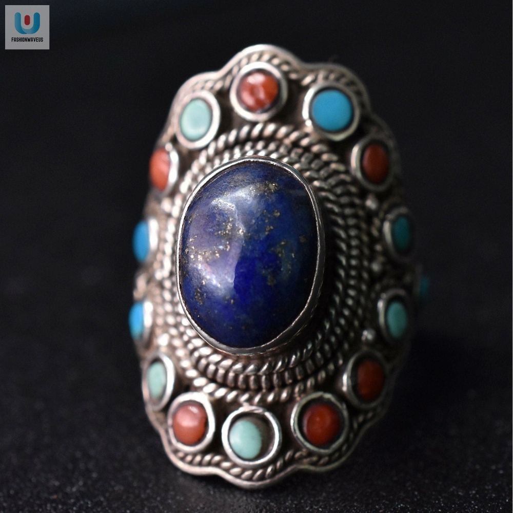 Tibetan Coral Turquoise And Lapis Cabochon Silver Sterling 925 Ring  Tgv