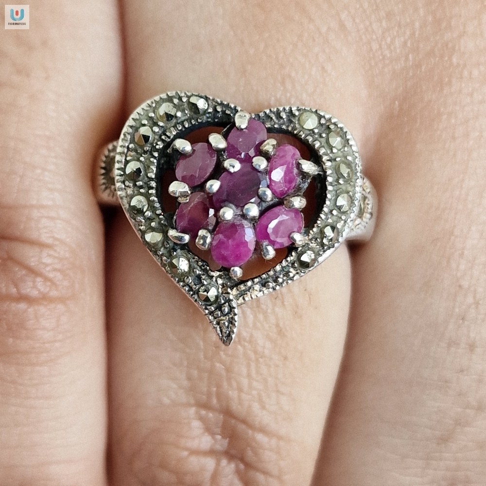 Vintage Heart Shape Ruby And Marcasite 925 Silver Sterling Ring  Tgv