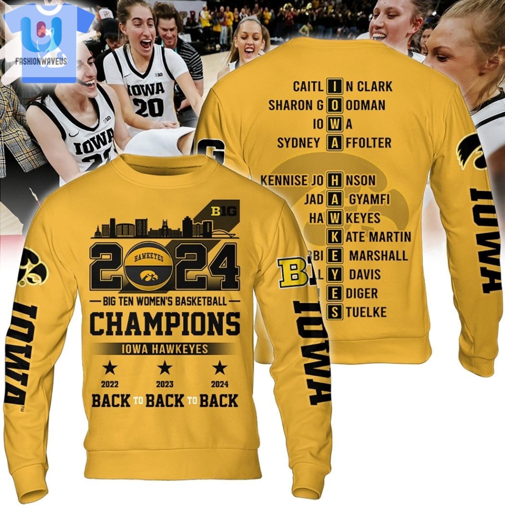 2024 Big Ten Womens Basketball Champions Iowa Hawkeyes Back To Back To Back Hoodie Yellow 