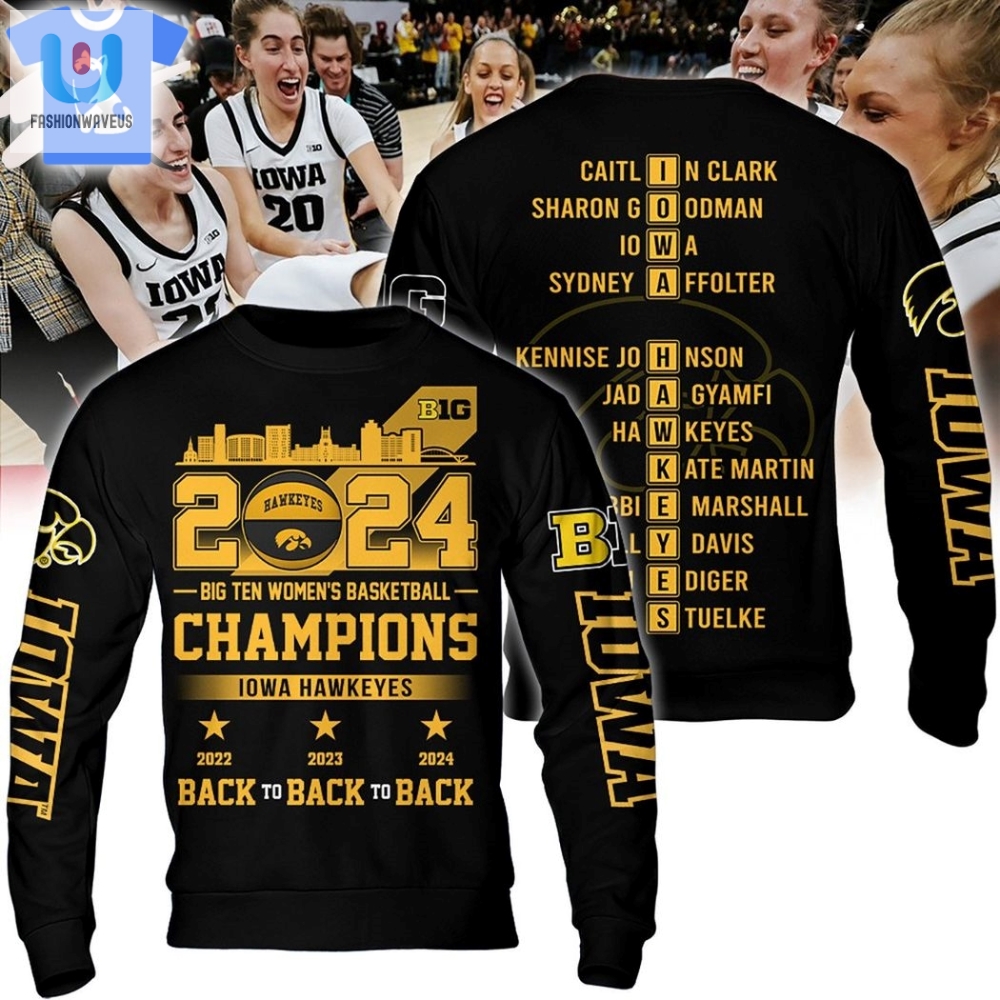 2024 Big Ten Womens Basketball Champions Iowa Hawkeyes Back To Back To Back Hoodie Black 