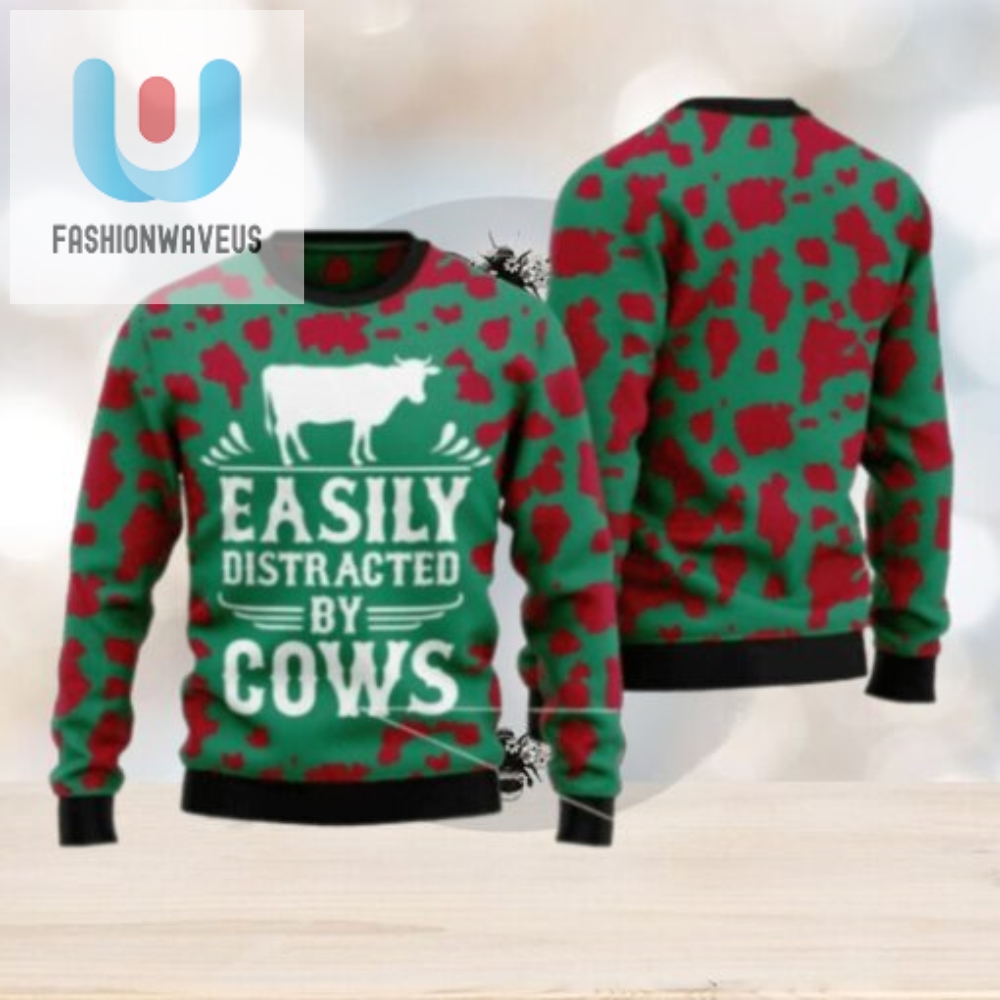 Easily Distracted By Cows Ugly Christmas Sweater 