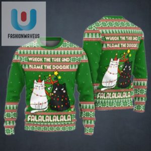 Cat Wreck The Tree And Blame The Doggie Falalalalala Ugly Christmas Sweater fashionwaveus 1 1