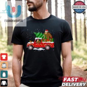 Santa Bigfoot Riding Red Truck Xmas Tree Merry Christmas T Shirt Recovered fashionwaveus 1 1