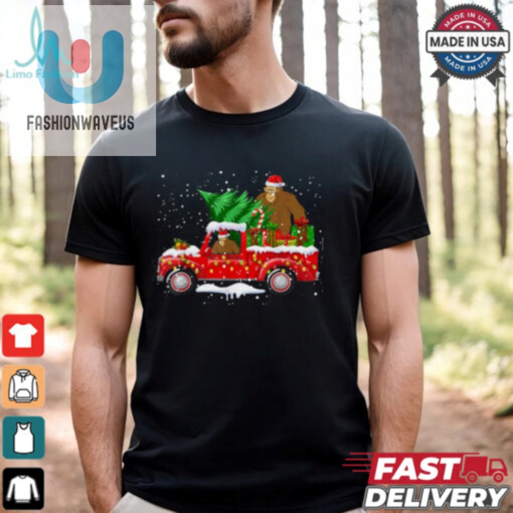 Santa Bigfoot Riding Red Truck  Xmas Tree Merry Christmas T Shirt Recovered 