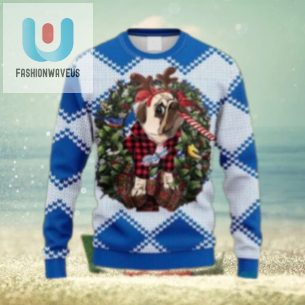 La Dodgers Bulldog Reindeer Candy Cane Ugly Christmas Sweater 