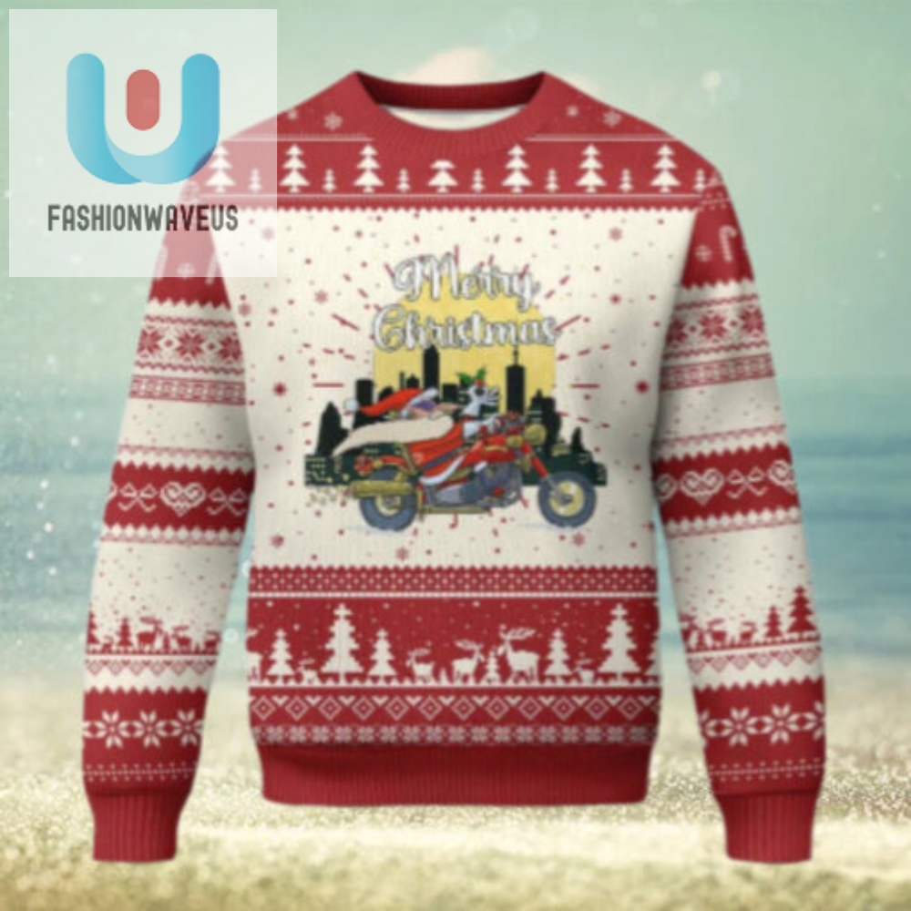 Funny Xmas Riding Ugly Christmas Sweater Santa Riding Motorcycle Biker 